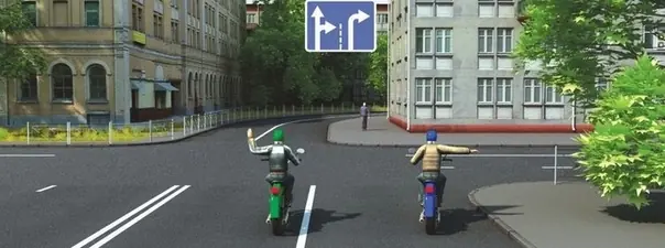 Вопрос 7: Такой сигнал рукой, подаваемый водителем мотоцикла, который движется по левой полосе, информирует о его намерении: