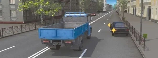 Вопрос 8: Можно ли водителю легкового автомобиля в данной ситуации начать движение от тротуара?